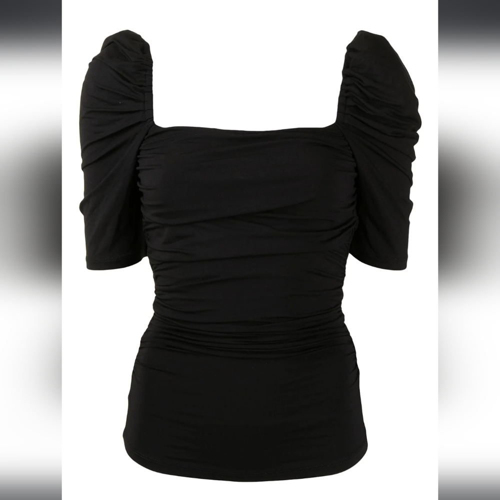FRAME Betty Knitted Black Noir Square Neck Ruched Puff Sleeve Top Shirt - Picture 8 of 16